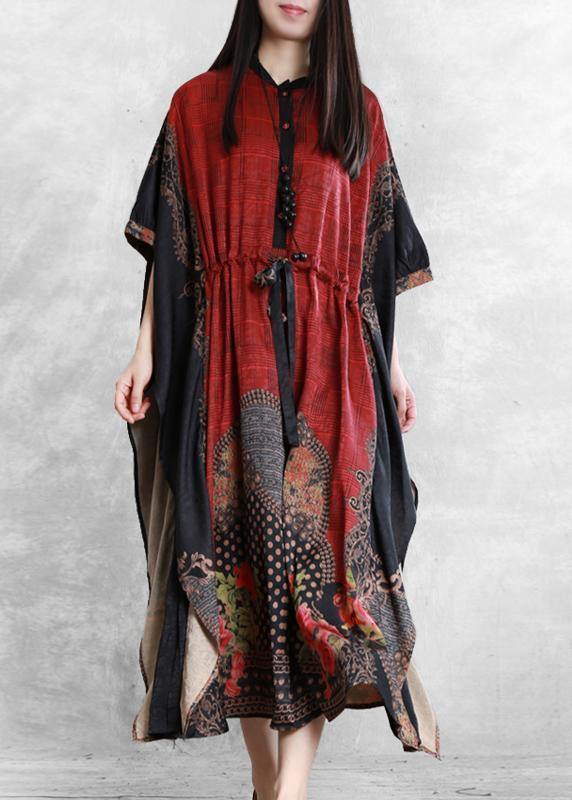 Classy red print clothes Women drawstring asymmetric Maxi Dress