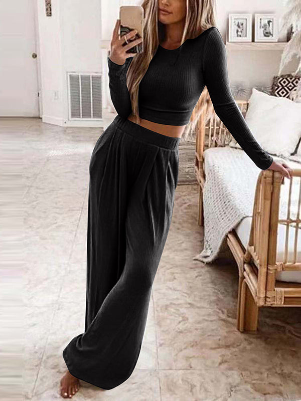 Plus Size Solid Color Round-Neck Long Sleeves Shirts Top + Pants Bottom Two Pieces Set