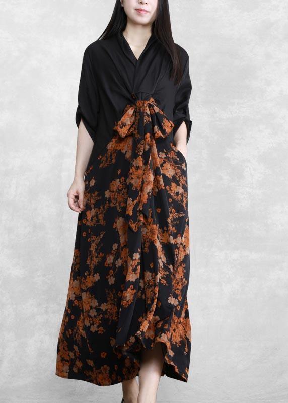 Bohemian Orange Print Dresses Asymmetric V Neck Maxi Spring Dresses