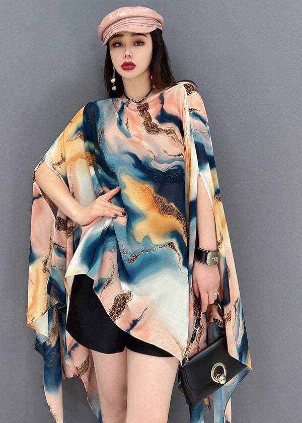 Italian Asymmetrical Design Tie Dye Chiffon Tops Batwing Sleeve