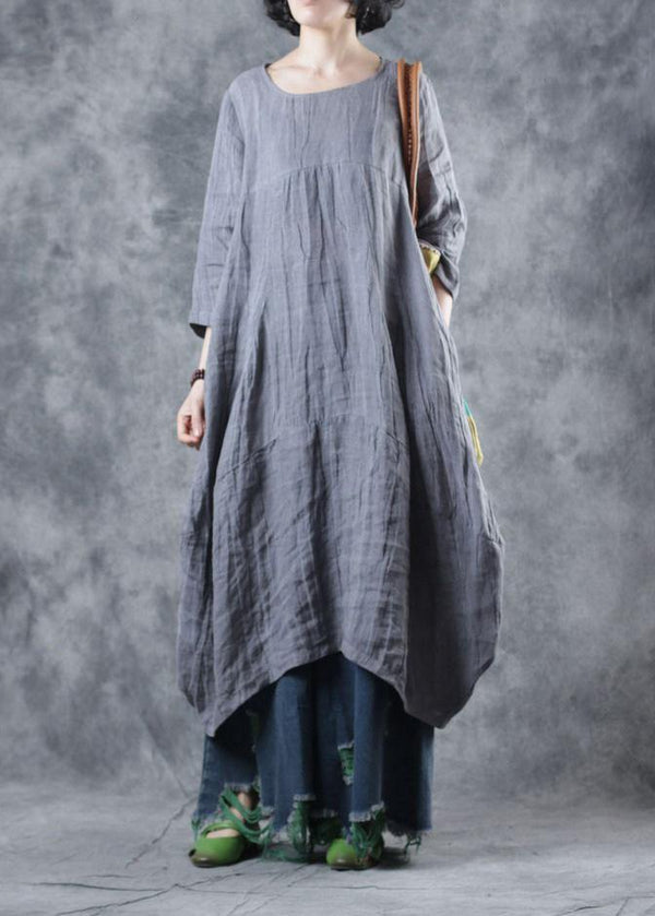 Natural linen clothes For Women Work gray Dress o neck