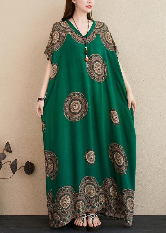 Chic green print outfit v neck Batwing Sleeve Kaftan summer Dresses