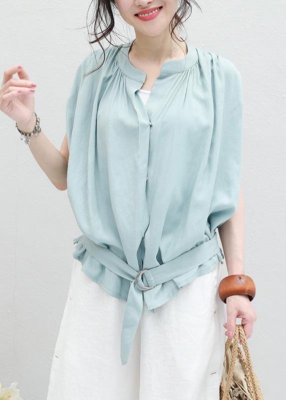 Women light blue linen box top Cinched ruffles box summer blouses