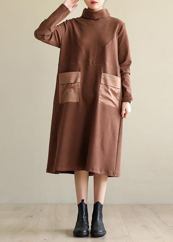 Women brown cotton clothes high neck patchwork Dress