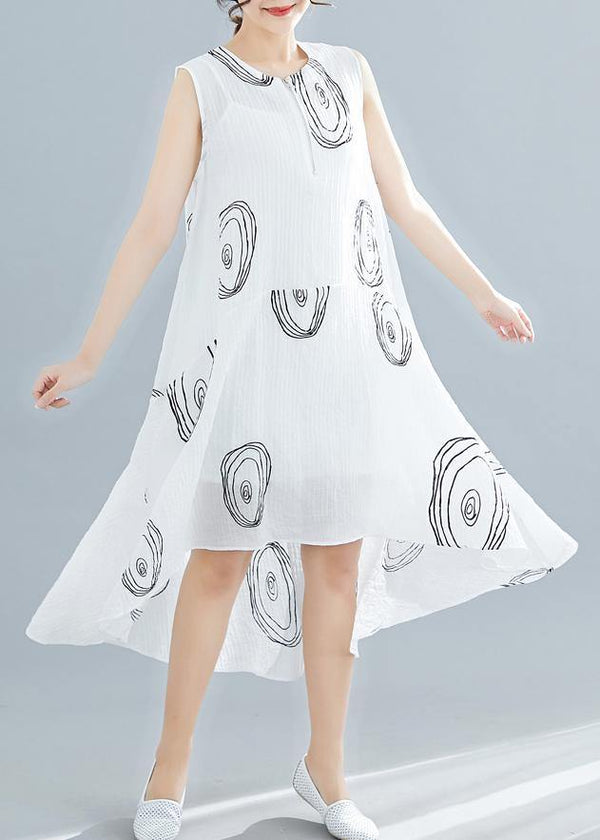 Women white print linen cotton clothes For Women sleeveless low high design shift summer Dress