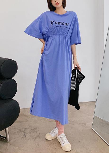 Organic blue Letter clothes For Women o neck Cinched Robe Dress