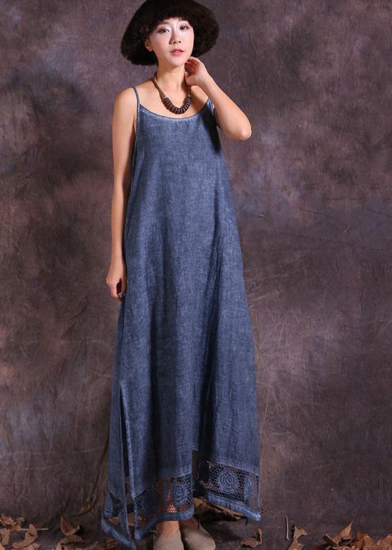 Modern hollow out hem linen clothes For Women Fashion Ideas blue side open Dress summer