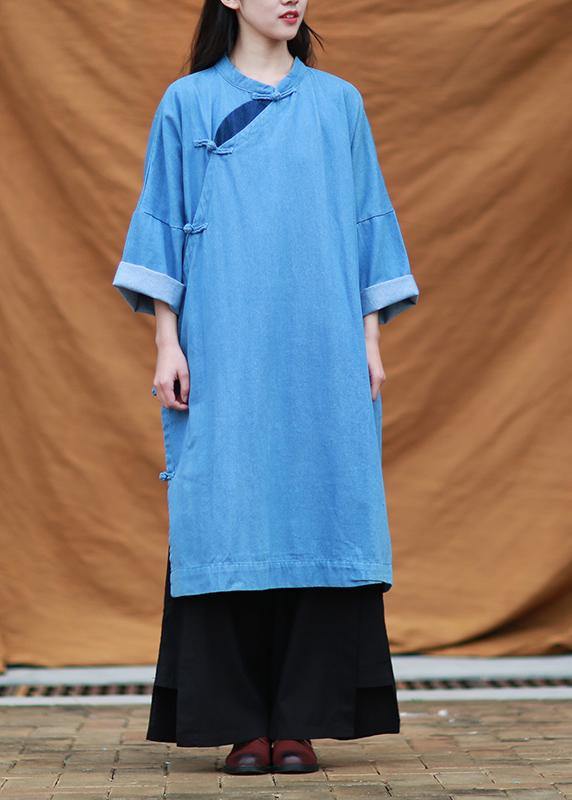 DIY denim blue quilting dresses stand collar patchwork Maxi Dresses