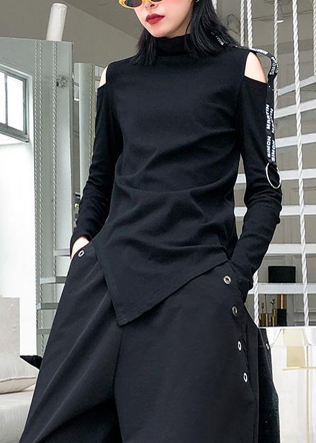 French black cotton shirts women asymmetric hollow out Art top