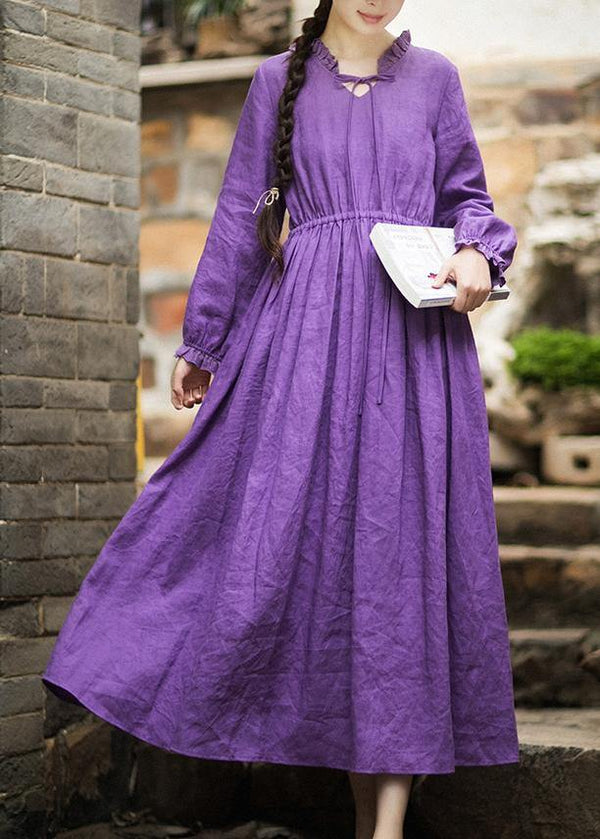 Women O Neck Ruffles Spring Dress Neckline Purple Maxi Dresses