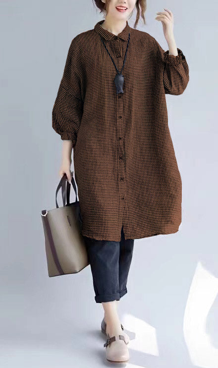 stylish brown Plaid cozy cotton t shirt oversize Turn-down Collar cotton blouses Fine long sleeve tops