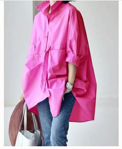 Rose Peter Pan Collar Low High Design Cotton Shirt Long Sleeve