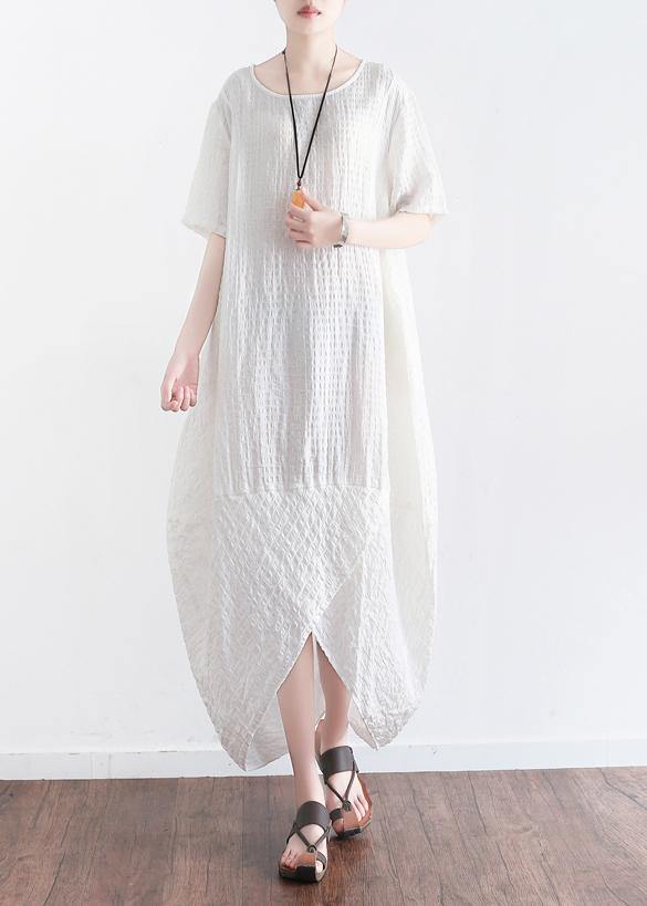 Women white plaid linen clothes front open Maxi summer Dresses