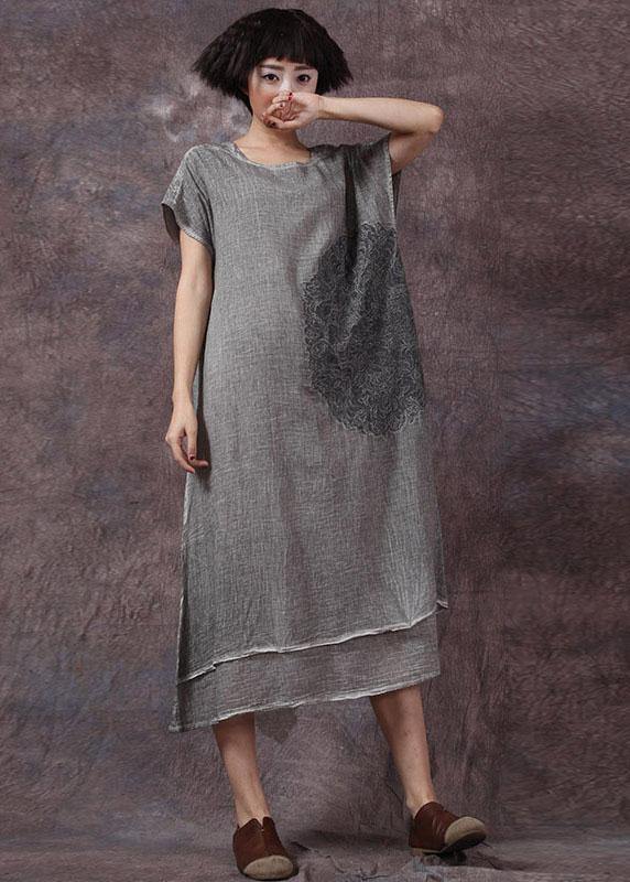 Women embroidery linen cotton clothes For Women Outfits gray side open Dresses summer