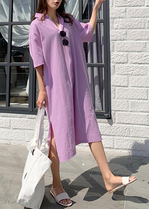 Modern v neck side open linen cotton clothes For Women Shirts purple Dress