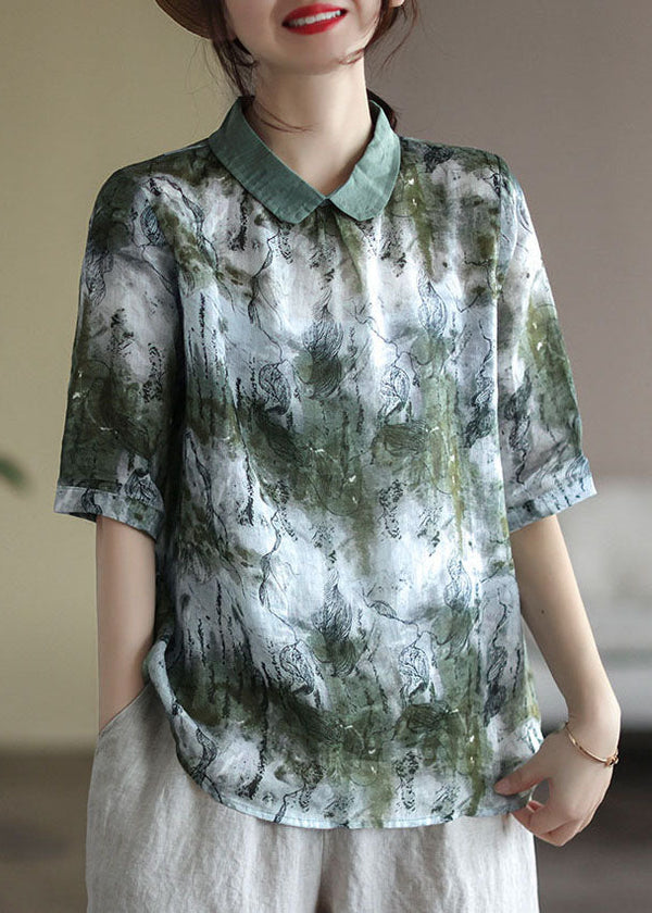 Green Tie Dye Linen Blouse Tops Peter Pan Collar Button Half Sleeve