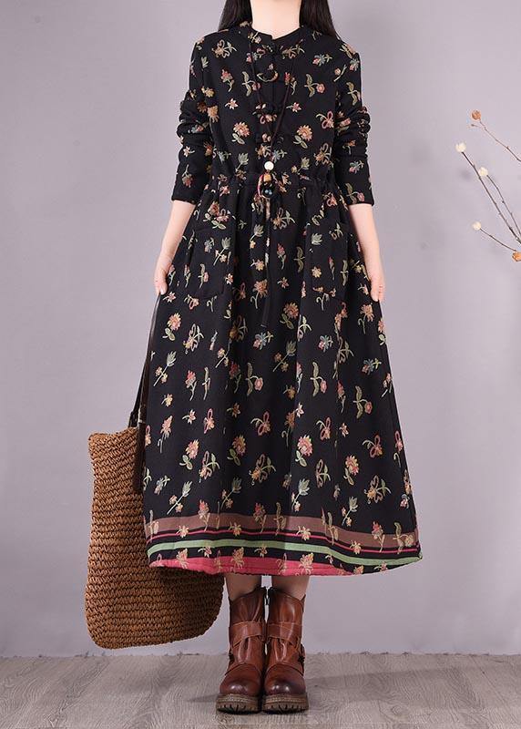 Women Drawstring Spring Tunics Black Print Art Dresses