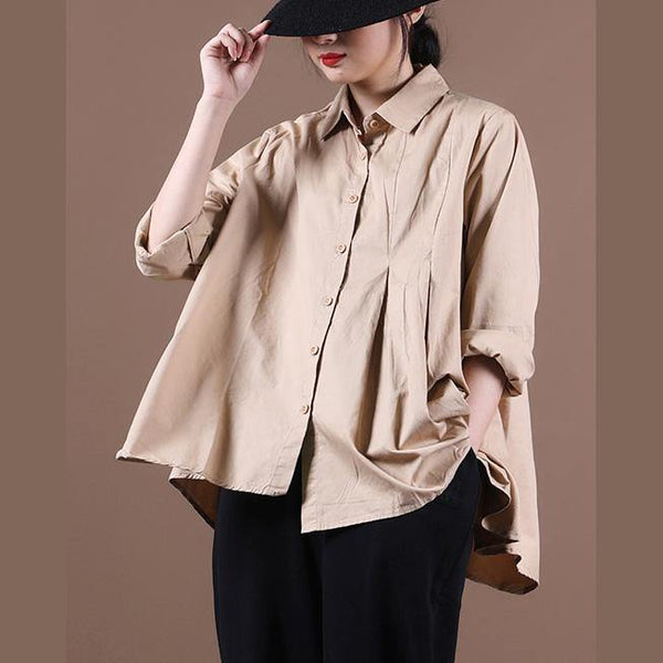 Loose khaki tops women blouses lapel large hem tunic fall shirts