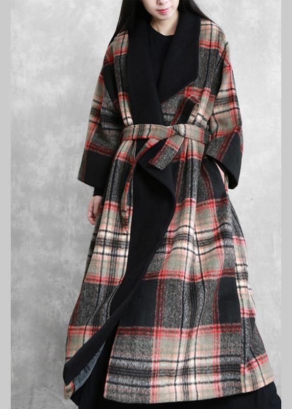 Fine Loose fitting maxi coat red plaid Notched tie waist Woolen Coat Women