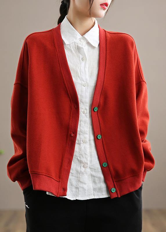 Simple V Neck Button Down  Spring Red outwear