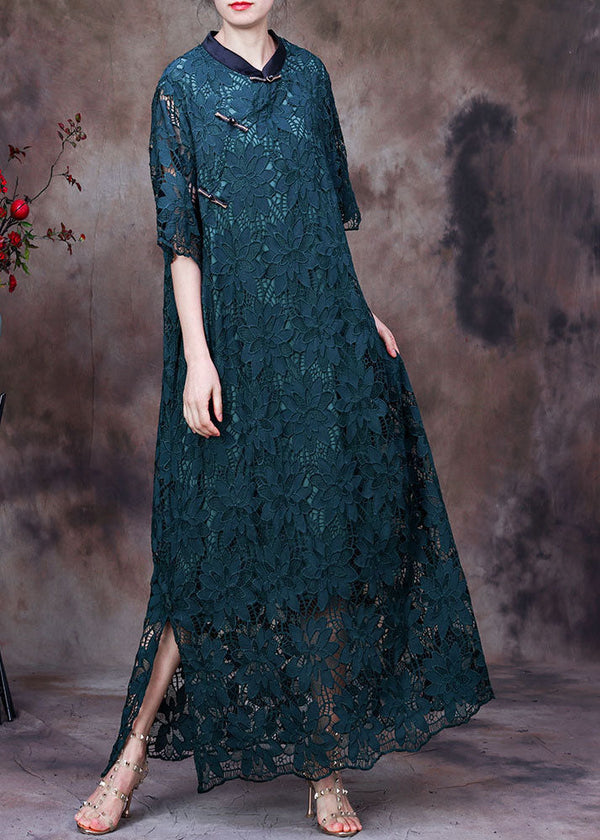 Women Green Button Embroidered Side Open Lace Long Dress Half Sleeve