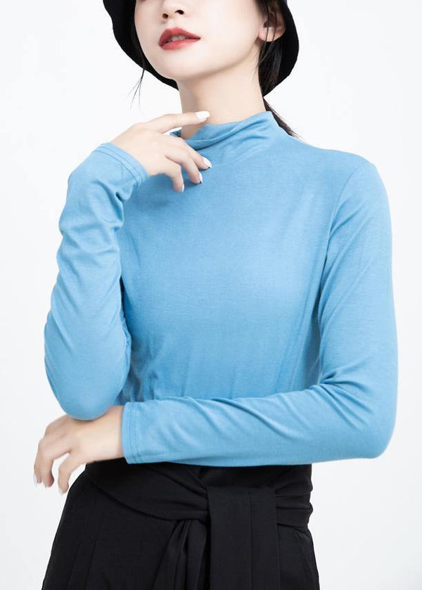 Loose blue cotton crane tops elastic oversized high neck shirts