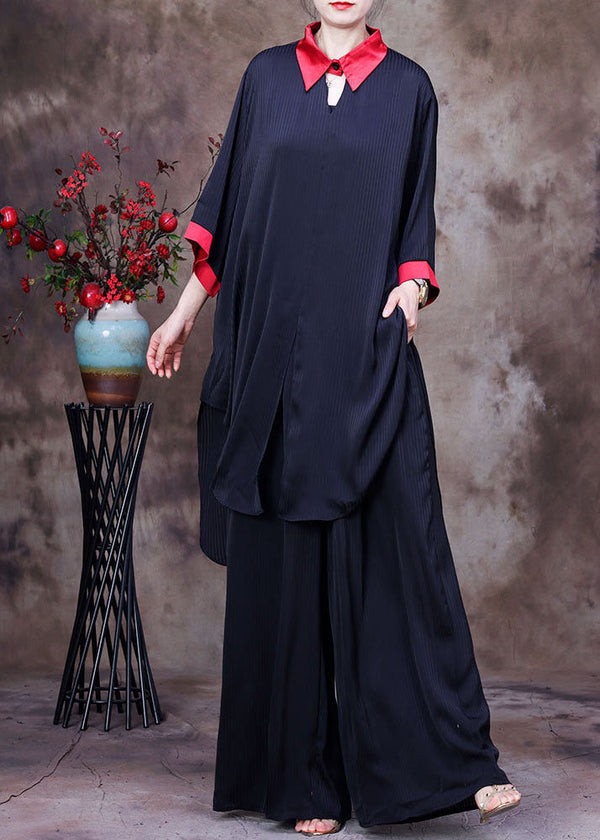 Boutique Black Colorblock Peter Pan Collar Print Chiffon Long Shirt Ang Wide Leg Pant Two Pieces Set Summer