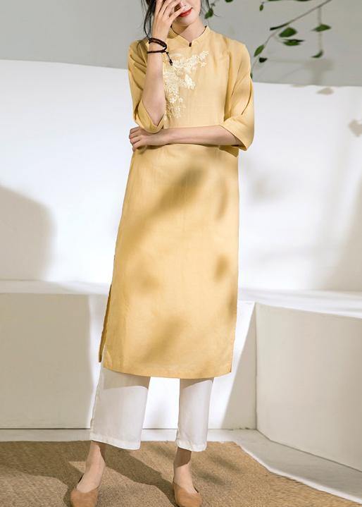 diy yellow linen dress stand collar embroidery shift summer Dress