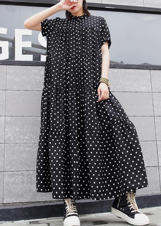 Women black dotted cotton dress stand collar Maxi summer Dress