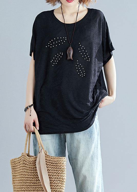 French black blended crane tops o neck loose summer tops