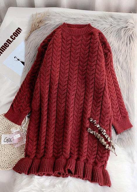 Chunky o neck thick Sweater fall Wardrobes Classy red Largo knitted dress