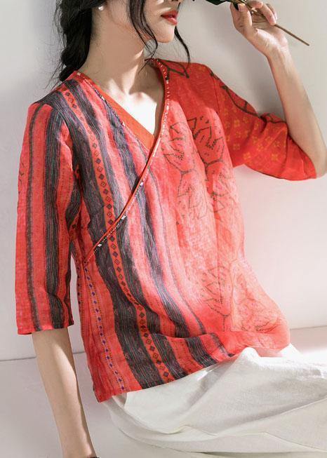 Chic v neck half sleeve linen Blouse Shirts red print top