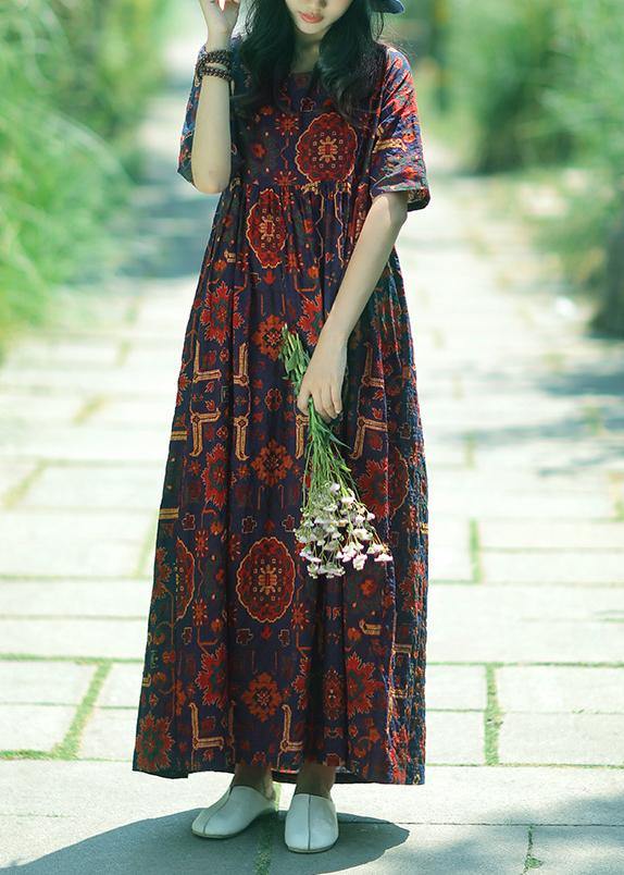 Women dark blue print linen Soft Surroundings o neck Cinched summer Dress