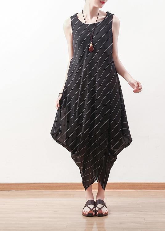 Elegant black sleeveless linen Robes asymmetric Maxi summer Dresses