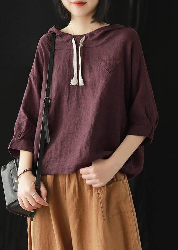 Women top silhouette 2019 Linen Summer Literary burgundy Hooded Three Quarter Sleeve T-shirt