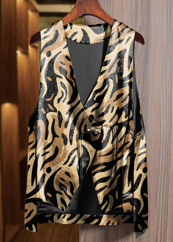 Loose Leopard print Asymmetrical Button Silk Waistcoat Sleeveless