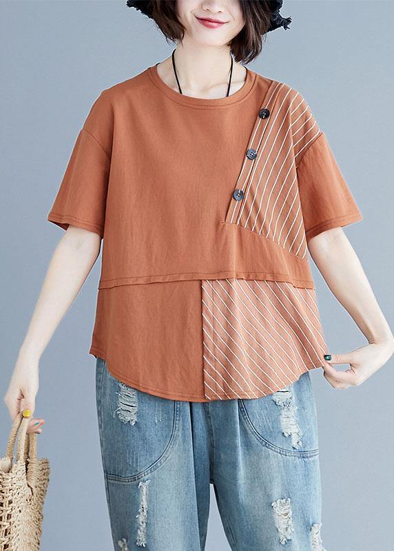 Chic brown cotton shirts o neck patchwork loose summer top