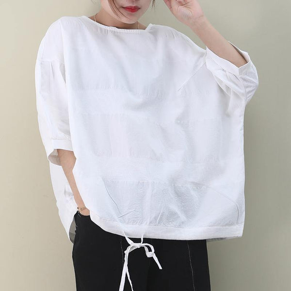 Organic white cotton clothes For Women o neck drawstring cotton summer shirts