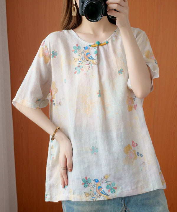 Women beige gray print women blouses o neck silhouette top