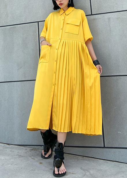 Women yellow cotton clothes Women lapel Cinched Kaftan summer Dress