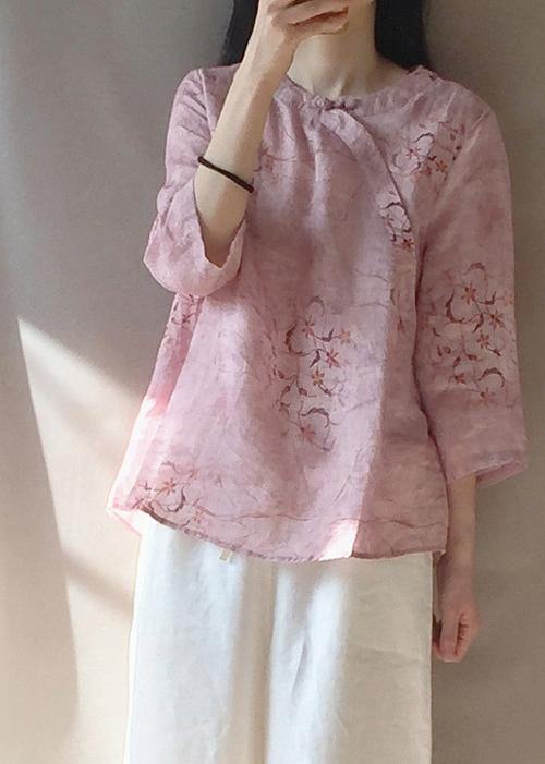 Organic Pink Print Blouses For Women O Neck Chinese Button Daily Tops