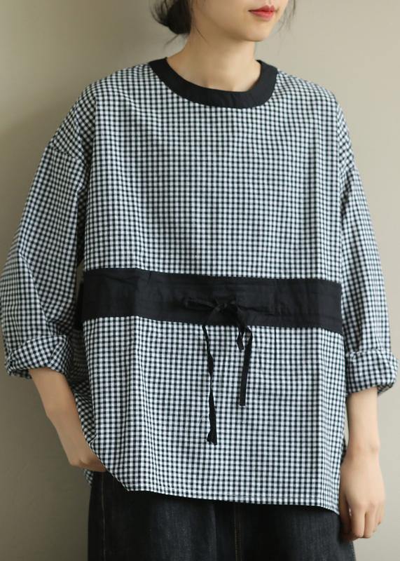 Elegant o neck tie waist fall Blouse Wardrobes black plaid shirt