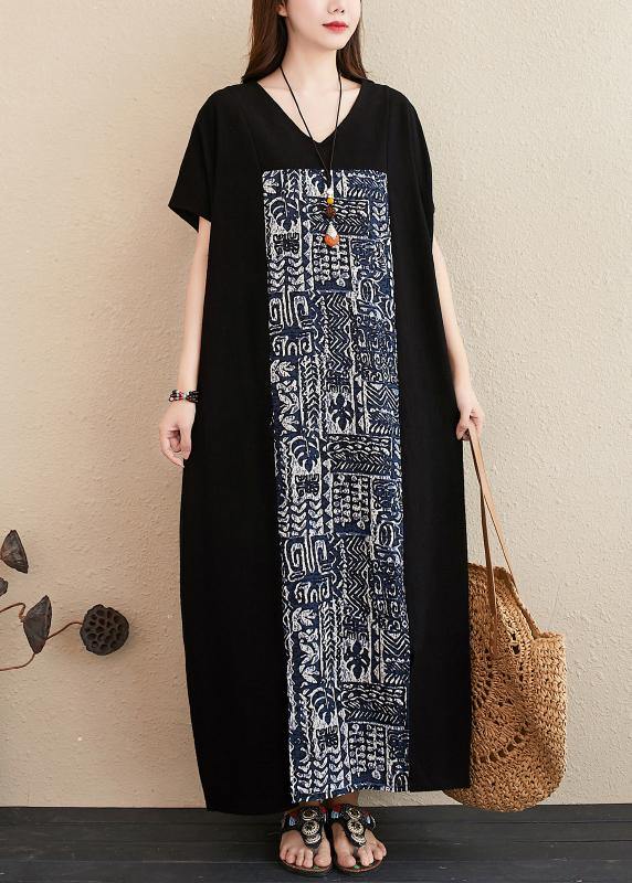 Women v neck patchwork linen Surroundings Work black Dresses