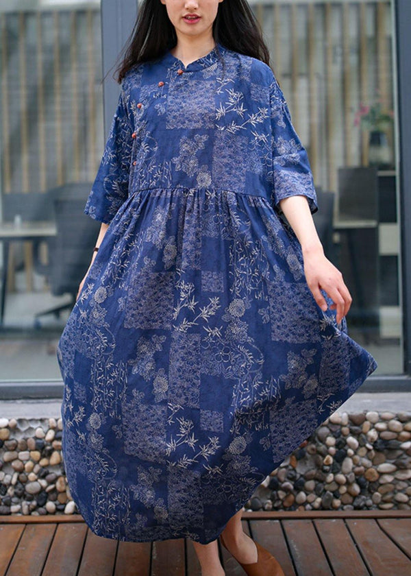 Women blue print cotton quilting clothes stand collar Extra large hem Traveling summer Dress