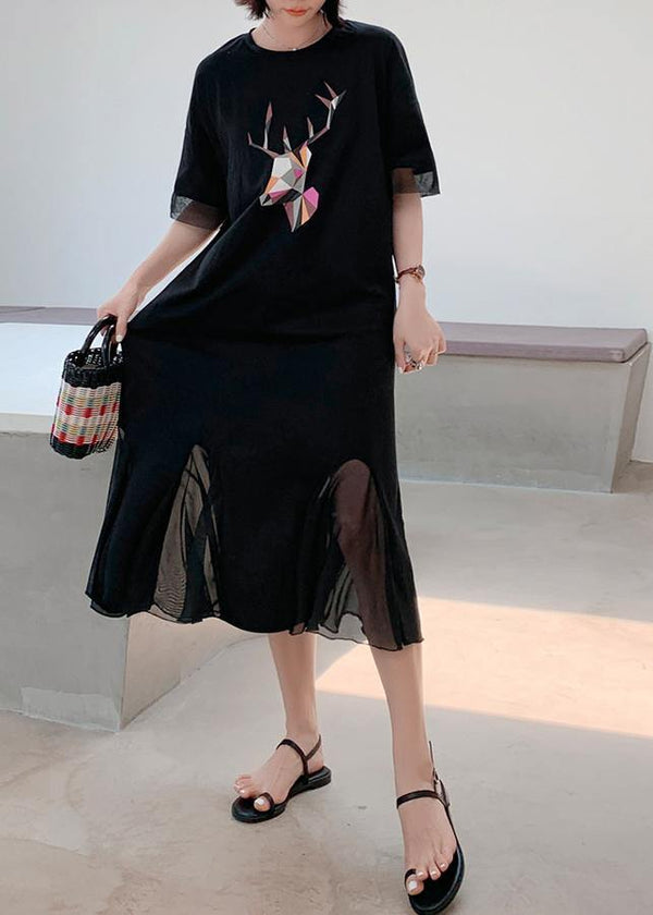 Women patchwork tulle cotton quilting clothes Outfits black prints long Dresses summer