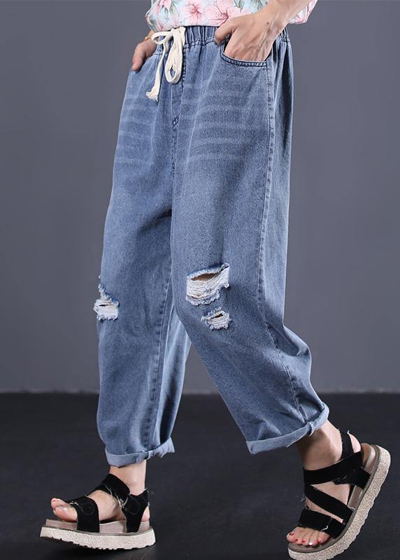 2019 new denim blue plus size pants elastic waist drawstring ripped Jeans