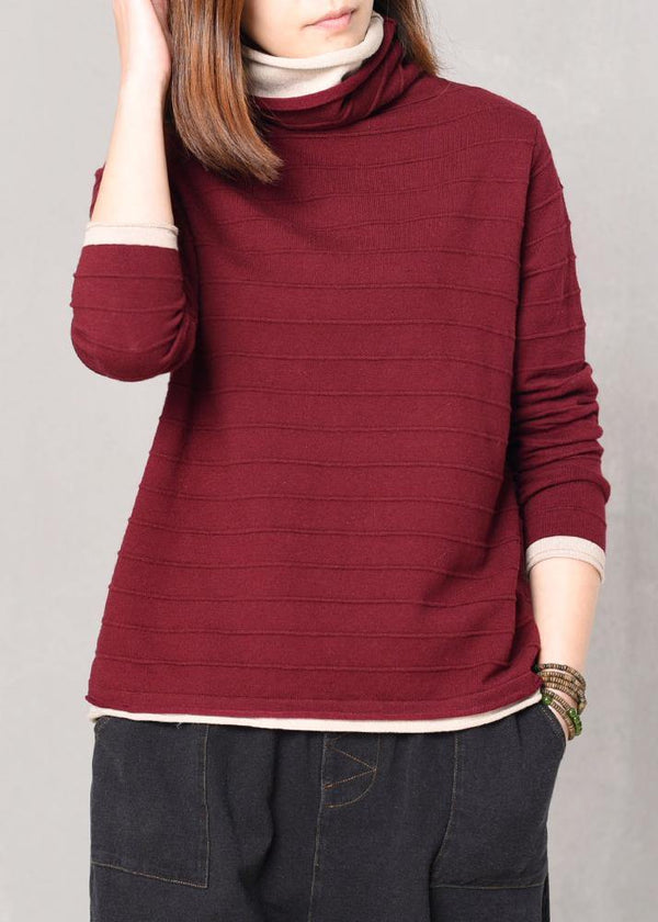 Pullover hige neck knitted tops oversize false two pieces patchwork color sweater red
