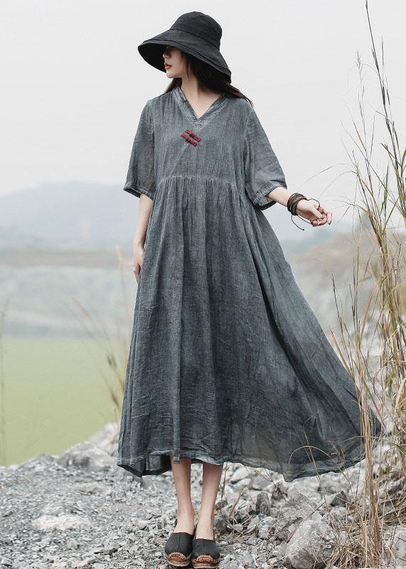 French v neck linen clothes For Women Catwalk gray Dress summer