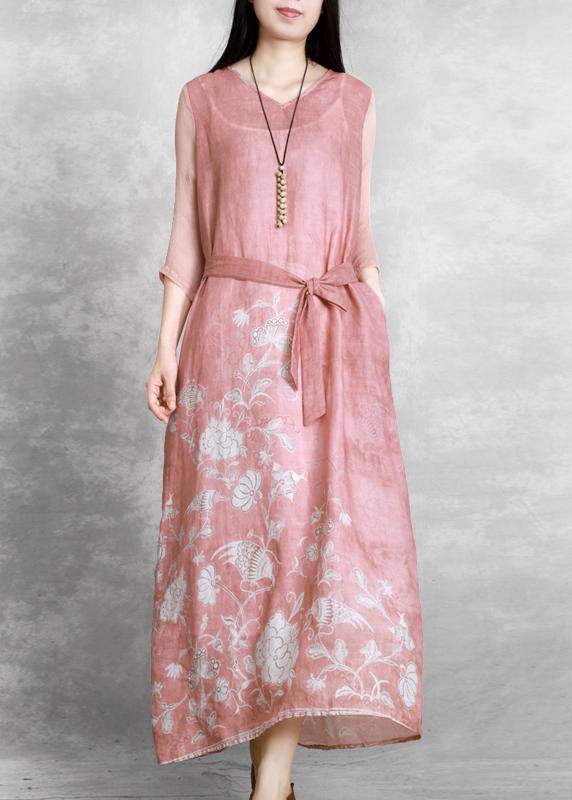 Chic v neck tie waist Wardrobes Catwalk pink print Dress