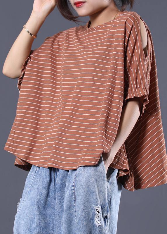 Loose off the shoulder sleeve cotton crane tops Cotton dark khaki striped tops summer